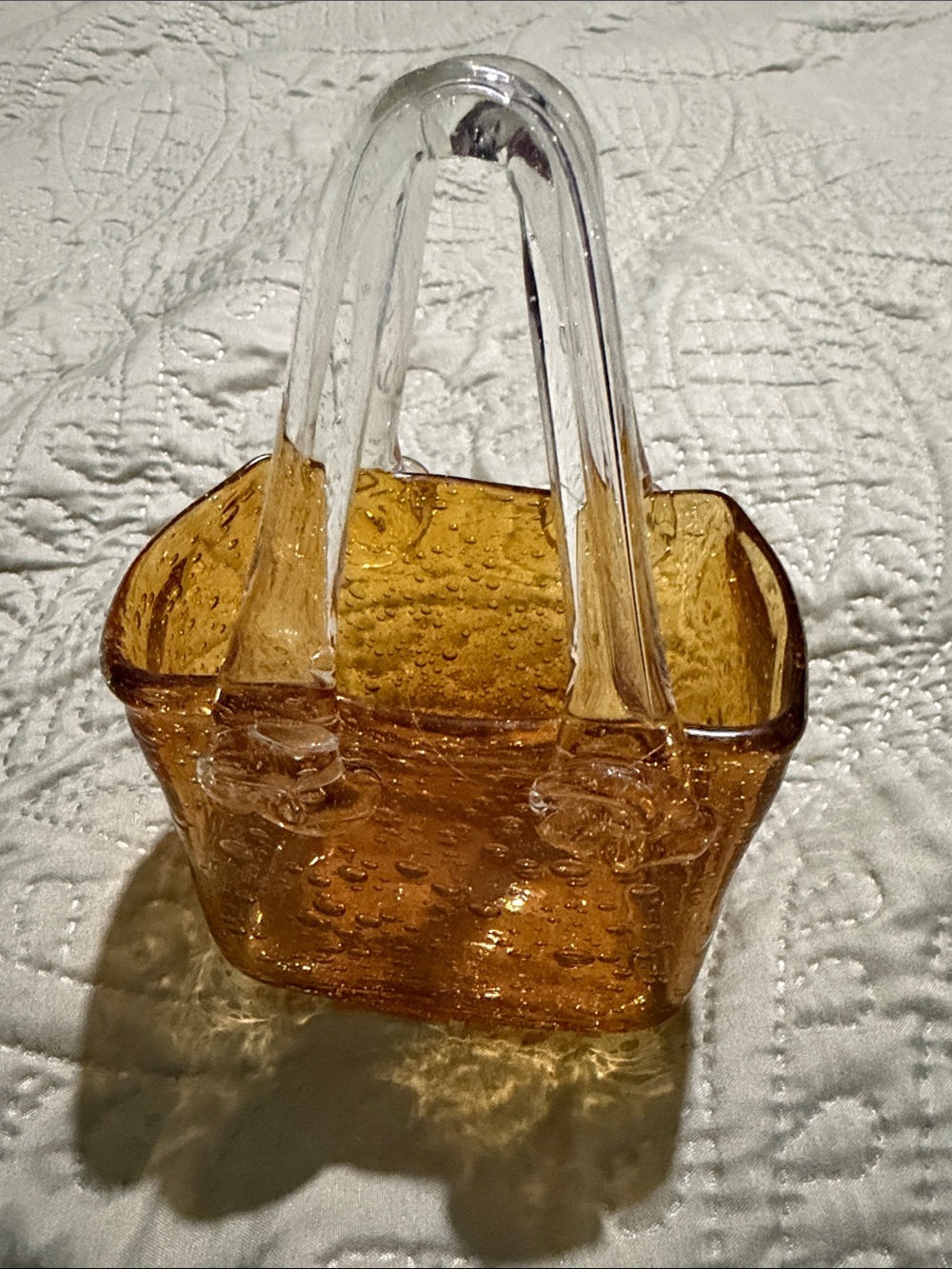 Vintage Hand Blown Art Glass Basket/Handbag Amber bubble glass